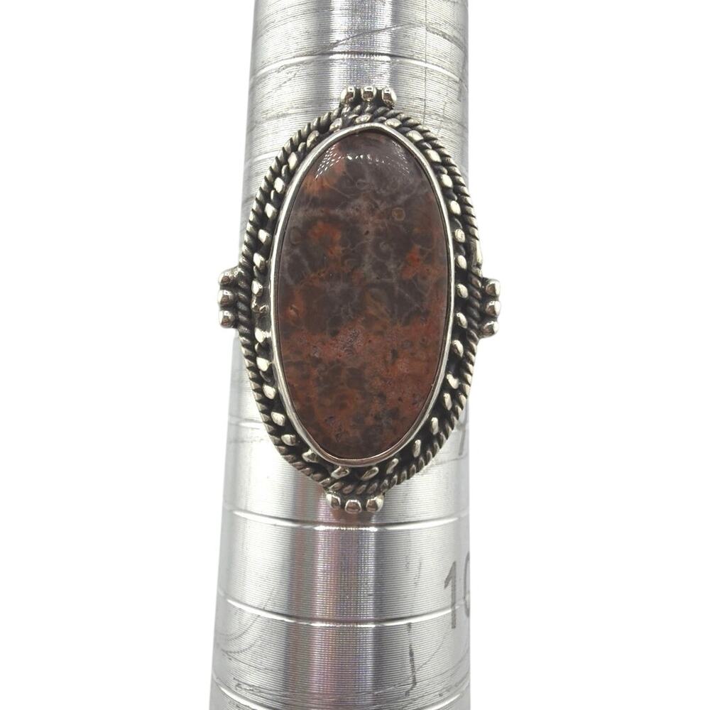Vintage Navajo Sterling Silver Petrified Wood Twisted Rope Ring Size 8.5